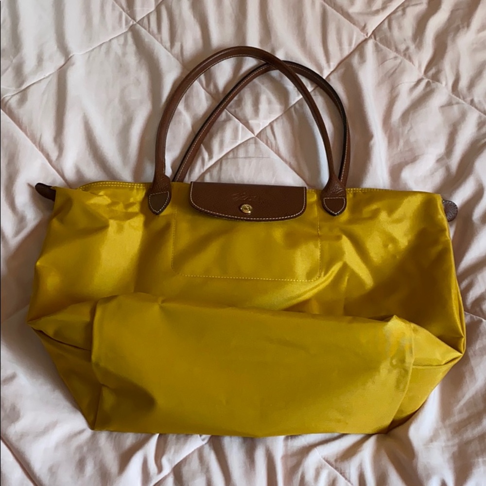 Gold and brown leather long champ tote bag